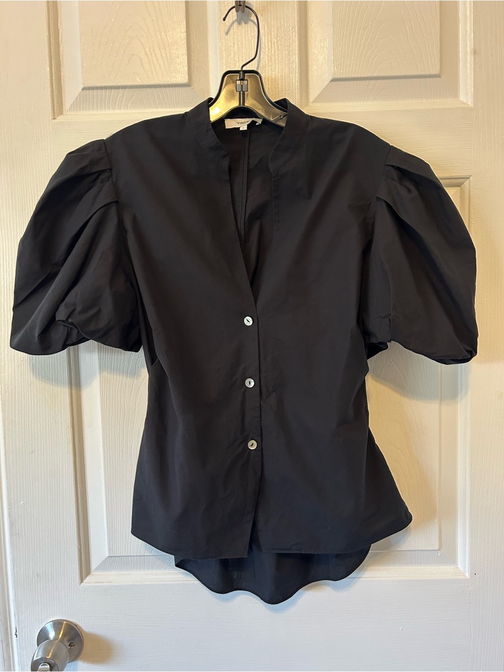 Vince Black Puff-Sleeve Button-Front Blouse